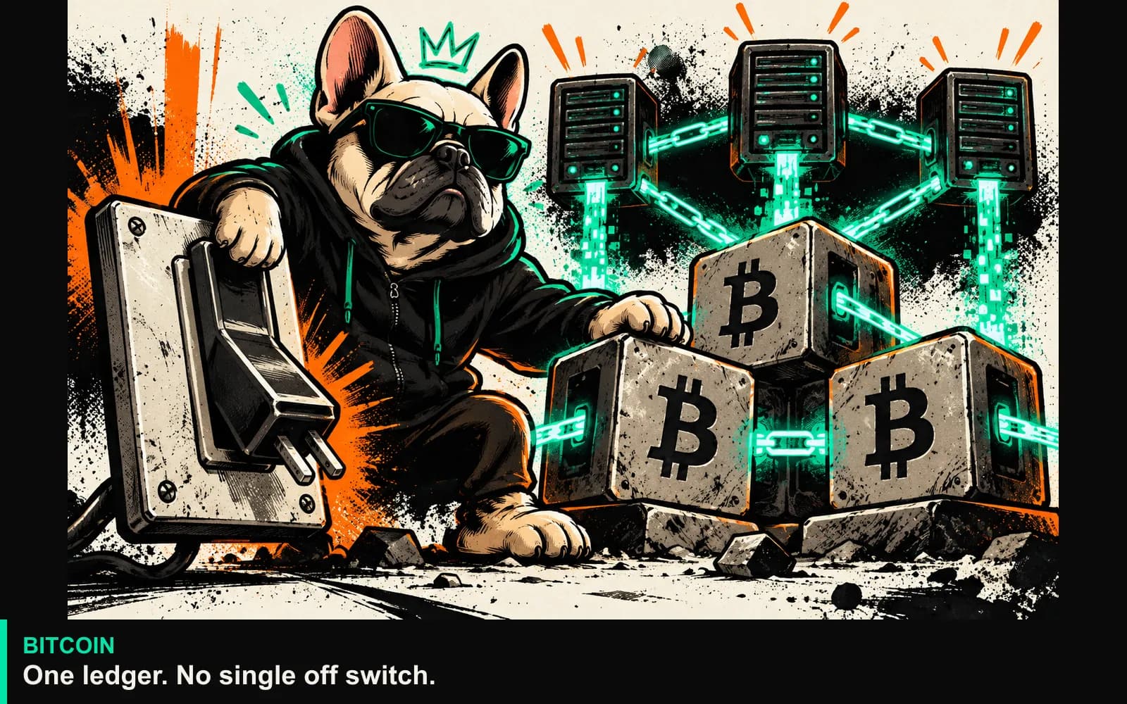 The bulldog finds that unplugging a supposed master switch does not stop the separate Bitcoin ledger copies.