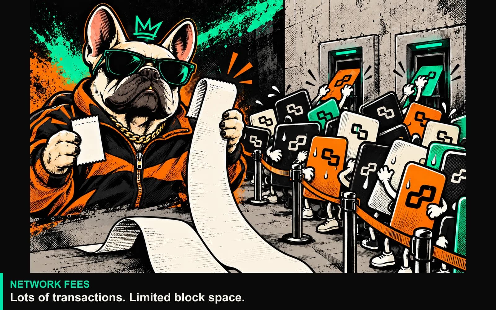The bulldog compares a tiny transaction slip with a huge fee receipt while blockchain transactions queue for limited processing slots.
