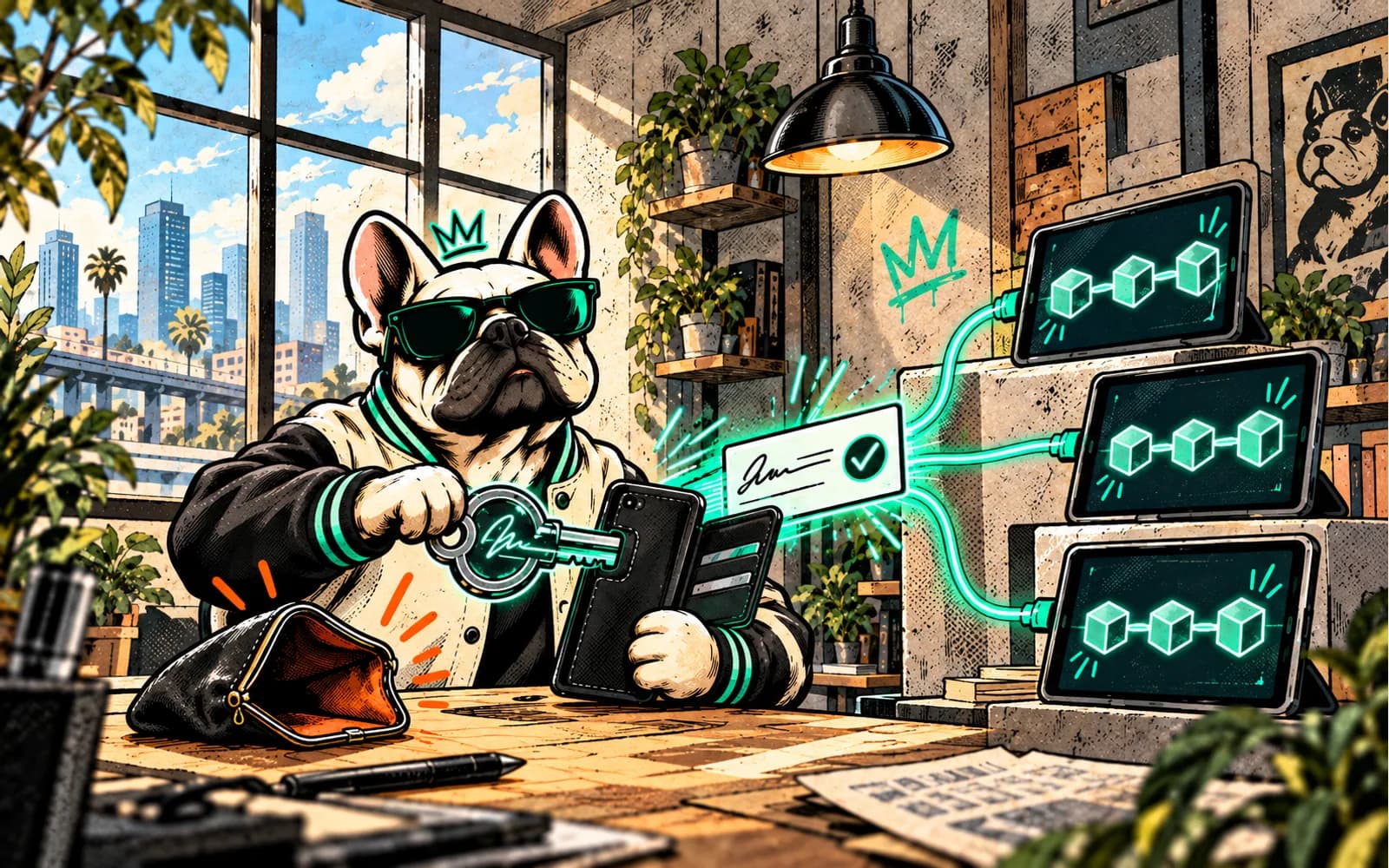 Brokzi in a cream varsity jacket authorizes a request with a wallet key; matching records stay on three independent network tablets in a daylight workshop.