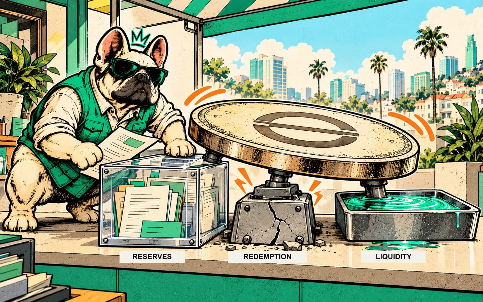 Brokzi in a mint utility vest checks reserve documents beside a tilting stablecoin platform supported by reserves, redemption and liquidity.