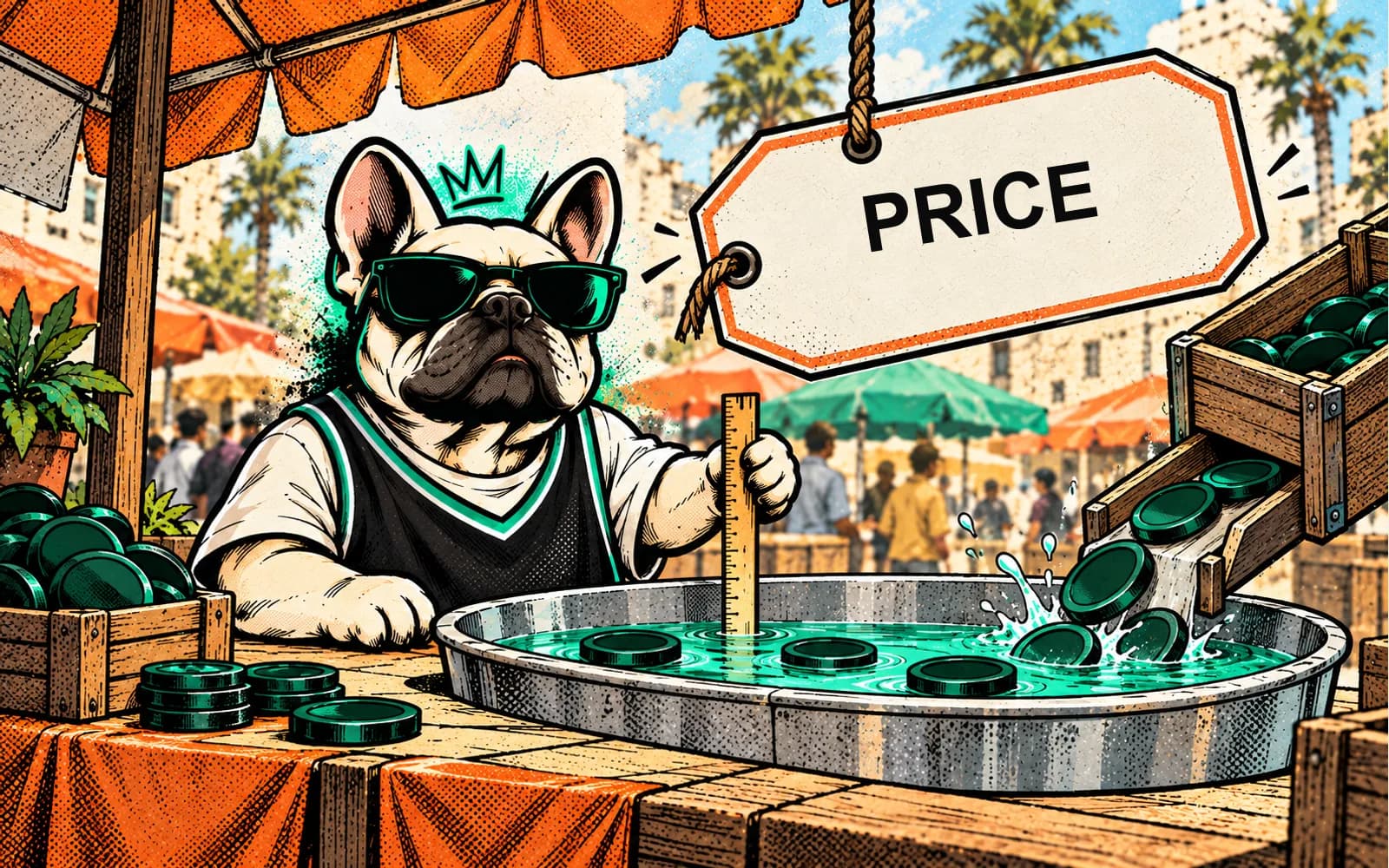 Brokzi in a basketball jersey measures a shallow liquidity tray below an oversized price tag as unbranded tokens enter from a sell-order chute.