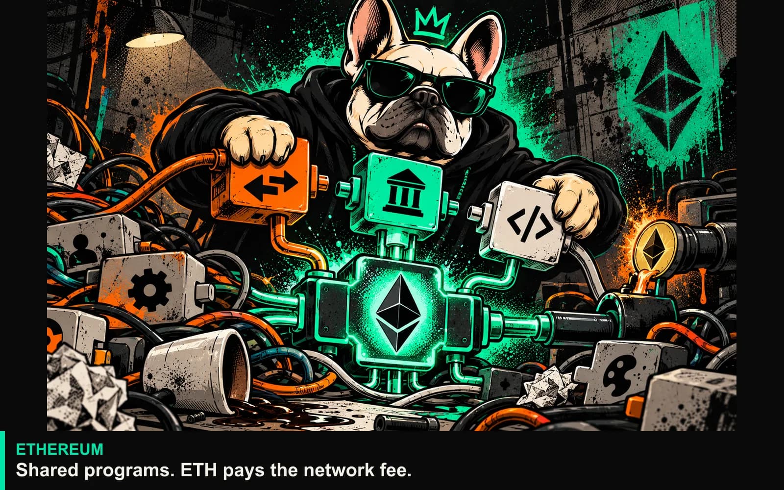 The bulldog connects program modules to the Ethereum network while ETH powers the network-fee mechanism.