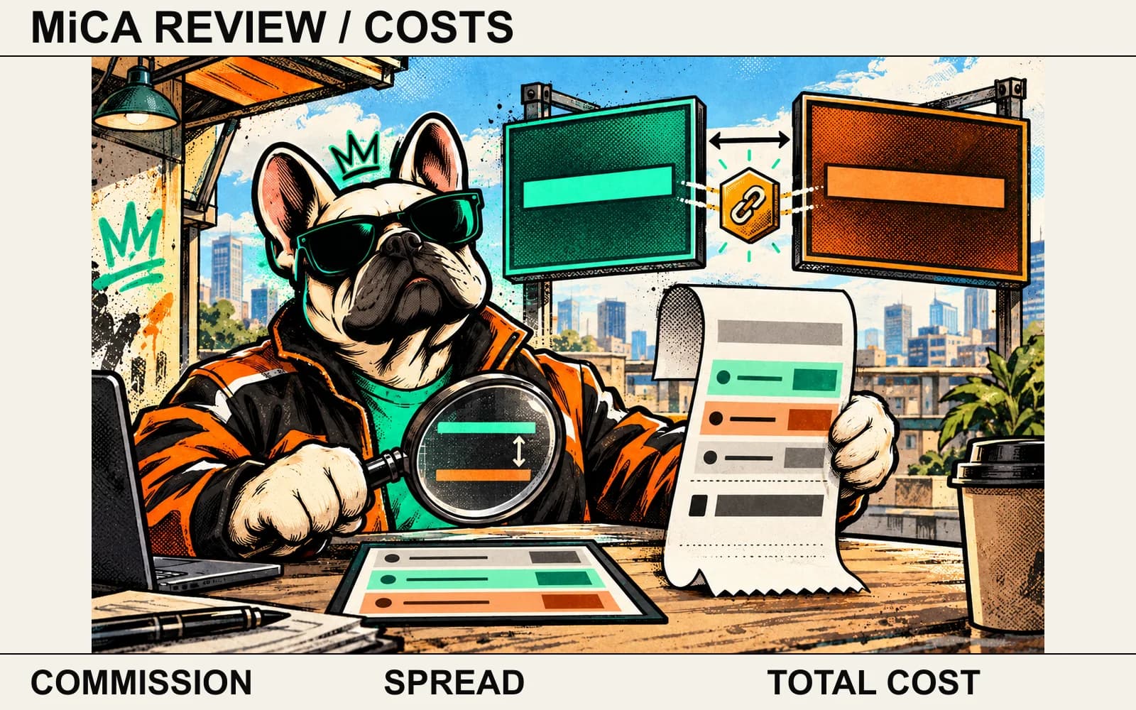 Fictional MiCA cost-disclosure comic: Brokzi checks a populated itemized receipt and flat symbolic buy/sell quote gap at a sunny kiosk. Not a real regulator scene, measured platform price, price-history chart or legal approval.