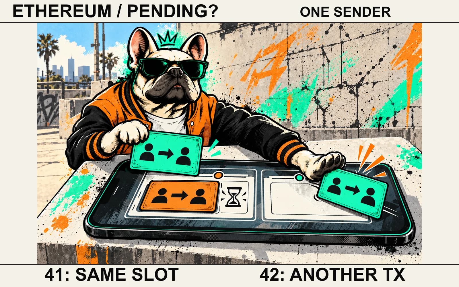 Educational street comic: Brokzi holds a competing replacement beside an orange pending transaction and blocks another transaction at the next fictional nonce position. One sender, two sequence slots; no outcome guaranteed.