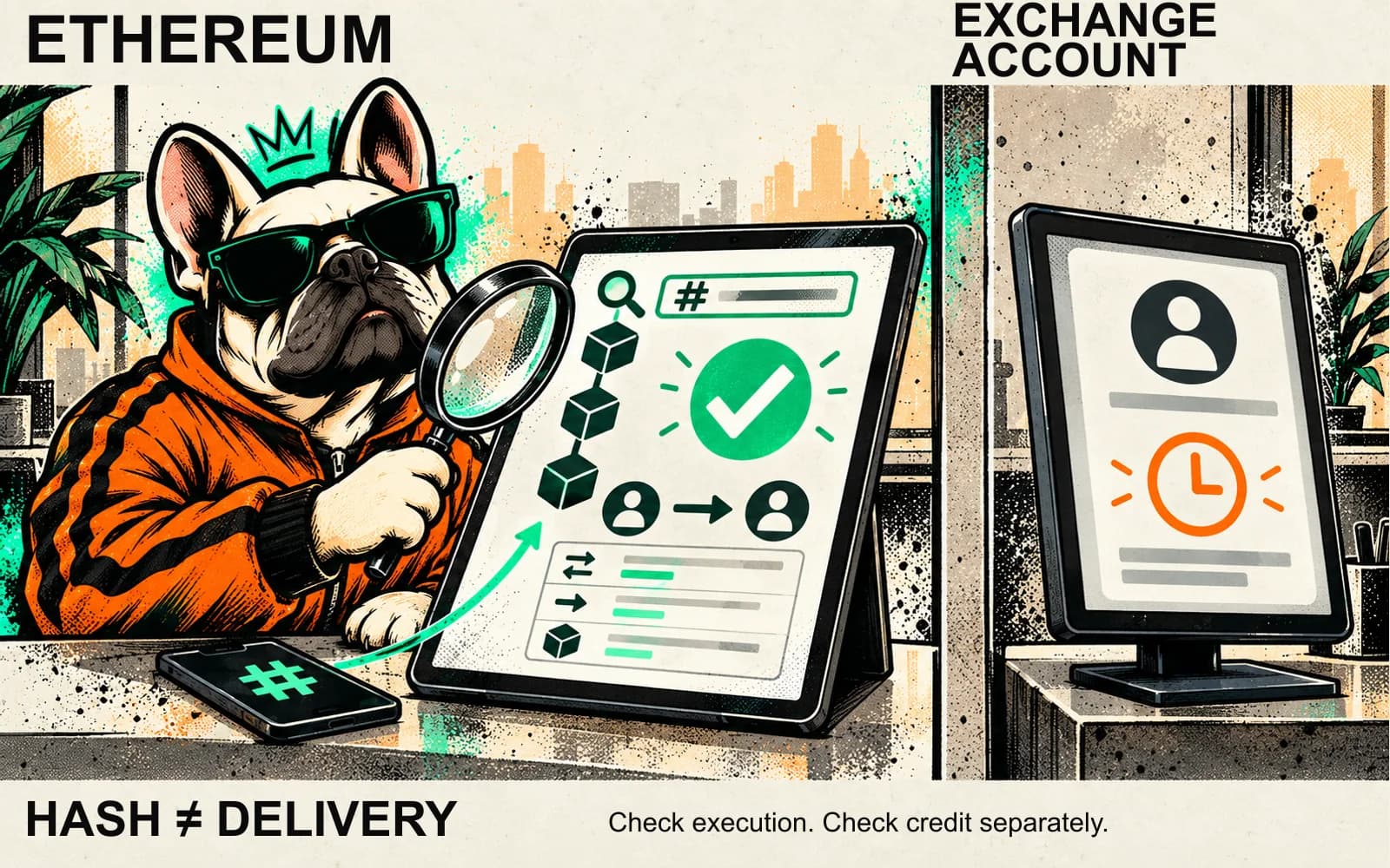 Educational comic: Brokzi inspects a blockchain execution record while a separate exchange account still shows a waiting clock. Finding a hash does not prove delivery or account credit.