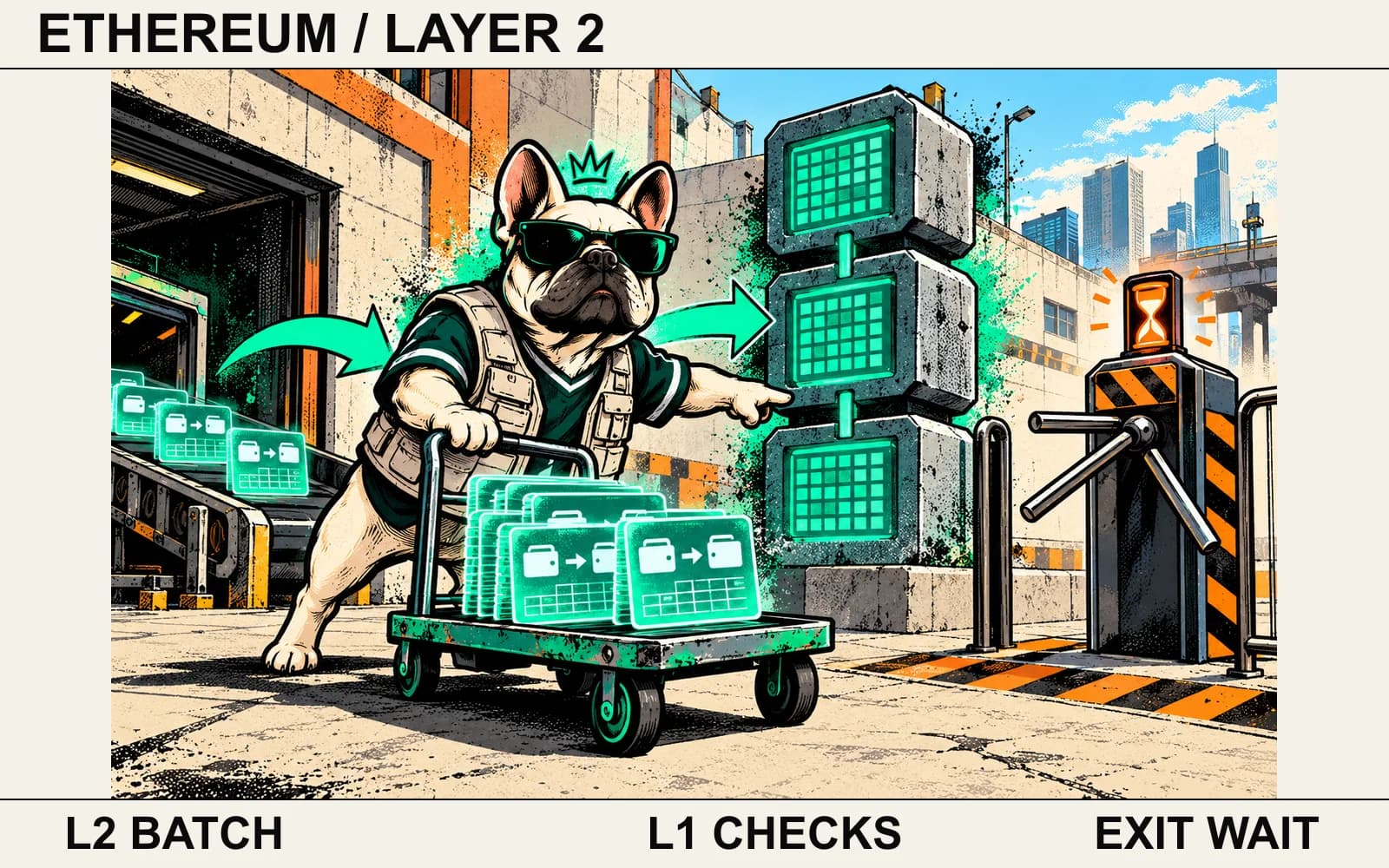 Fictional street comic: Brokzi pushes grouped digital rollup transaction cards toward base-layer data checks while a separate native bridge exit remains waiting. Confirmation and withdrawal are different milestones; no universal delay or safety promise.