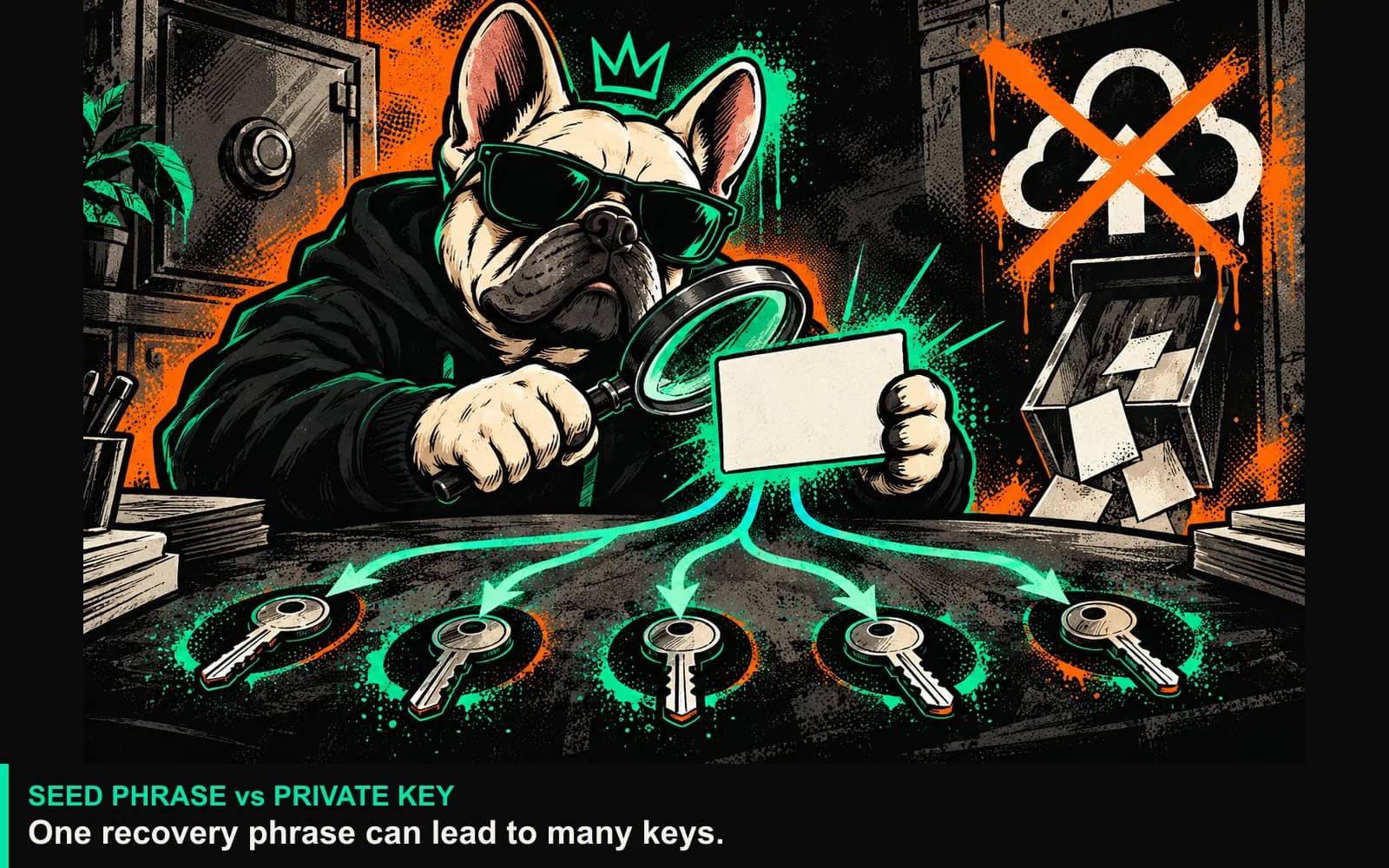 The bulldog checks a recovery card branching into several keys while a crossed-out cloud warns against sharing recovery secrets.