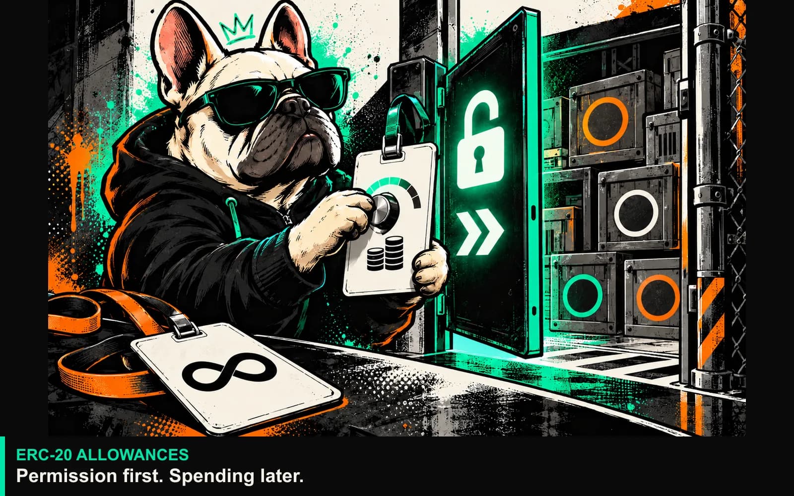 The bulldog compares a bounded token-permission container with an unlimited allowance opening; permission is distinct from transfer.