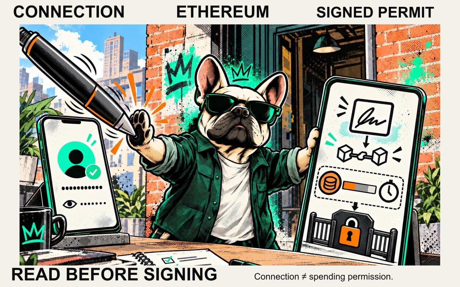Educational comic: Brokzi stops an impatient giant signing pen while separating a public-account connection screen from a signed spending permit with contract, amount and time checks.